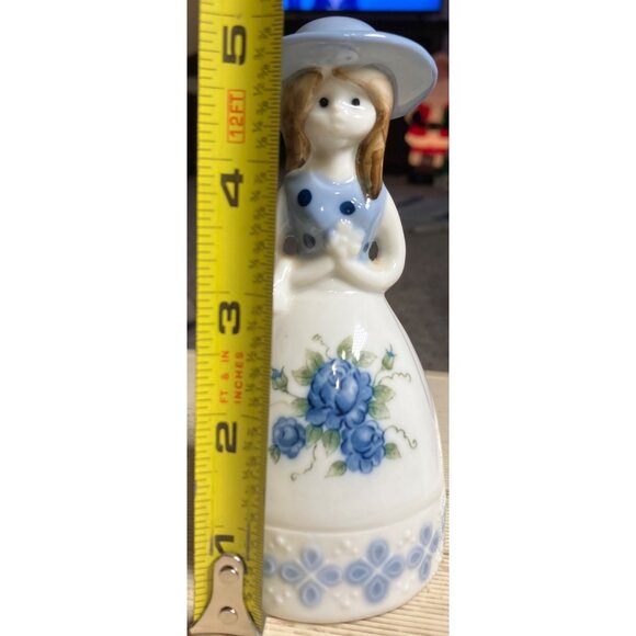 Vintage Hand-Painted Porcelain Bell With Blue White with Hat & Roses Design - Picture 10 of 11